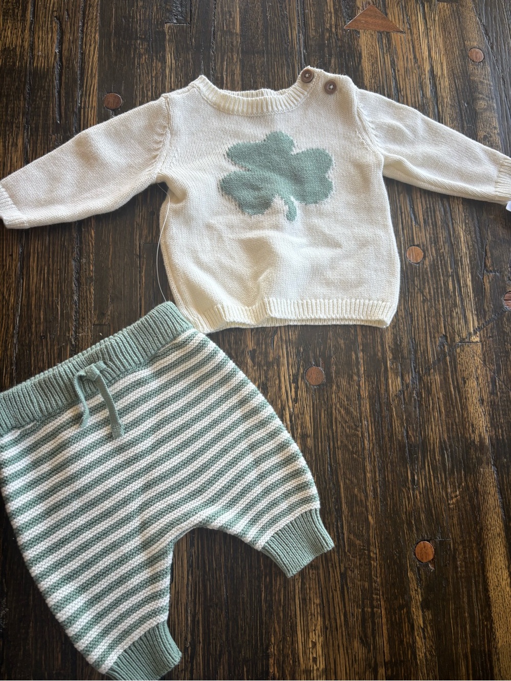 Carter's Cream Sweater with Sage Clover and Striped Sage-Cream Knit Pants